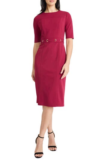 Maggy London Elbow Sleeve Grommet Waist Sheath Dress In Red