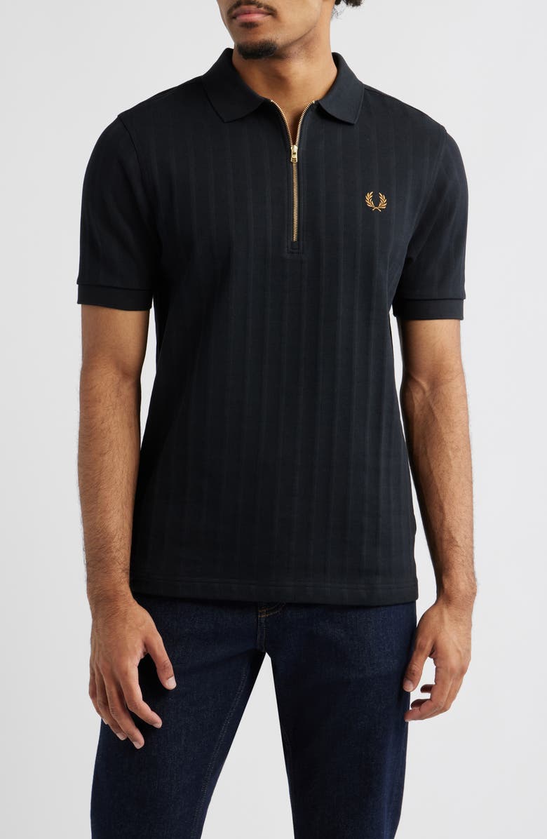 Fred Perry Textured Stripe Cotton Quarter Zip Polo, Main, color, Black