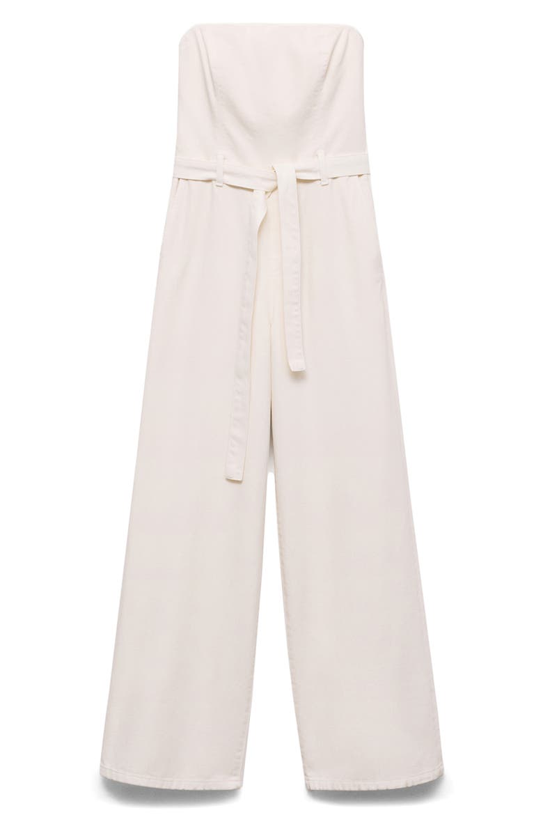 Tie Belt Strapless Denim Jumpsuit, Main, color, WHITE