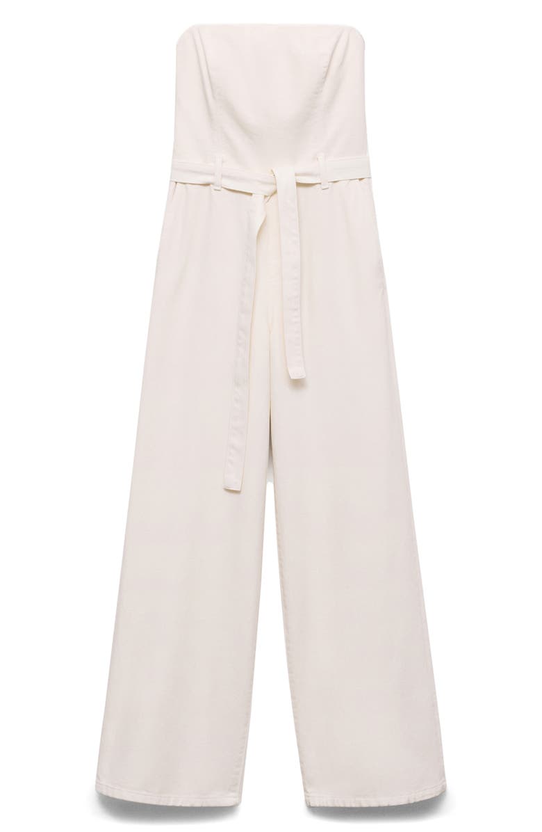 MANGO Tie Belt Strapless Denim Jumpsuit, Main, color, White