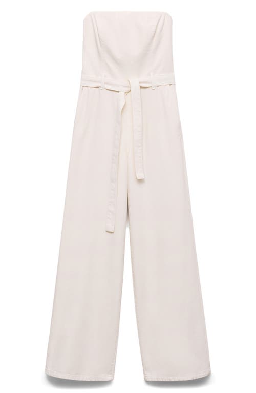 Mango Tie Belt Strapless Denim Jumpsuit In White