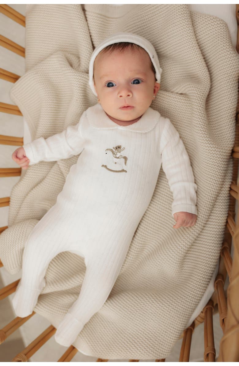 Little Fragile Boy Horse Bear Pointelle Knit Long Sleeve Romper and Hat Set, Alternate, color, Blue