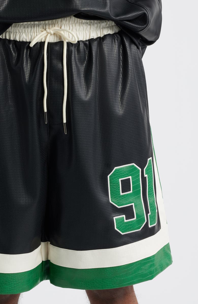 CRIMINAL DAMAGE Stadium Faux Leather Shorts, Alternate, color, Black/Green/White