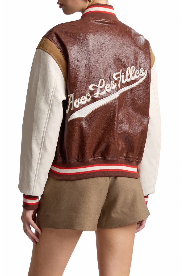 Faux Leather Varsity Bomber Jacket, Alternate, color, VARSITY RED MULTI