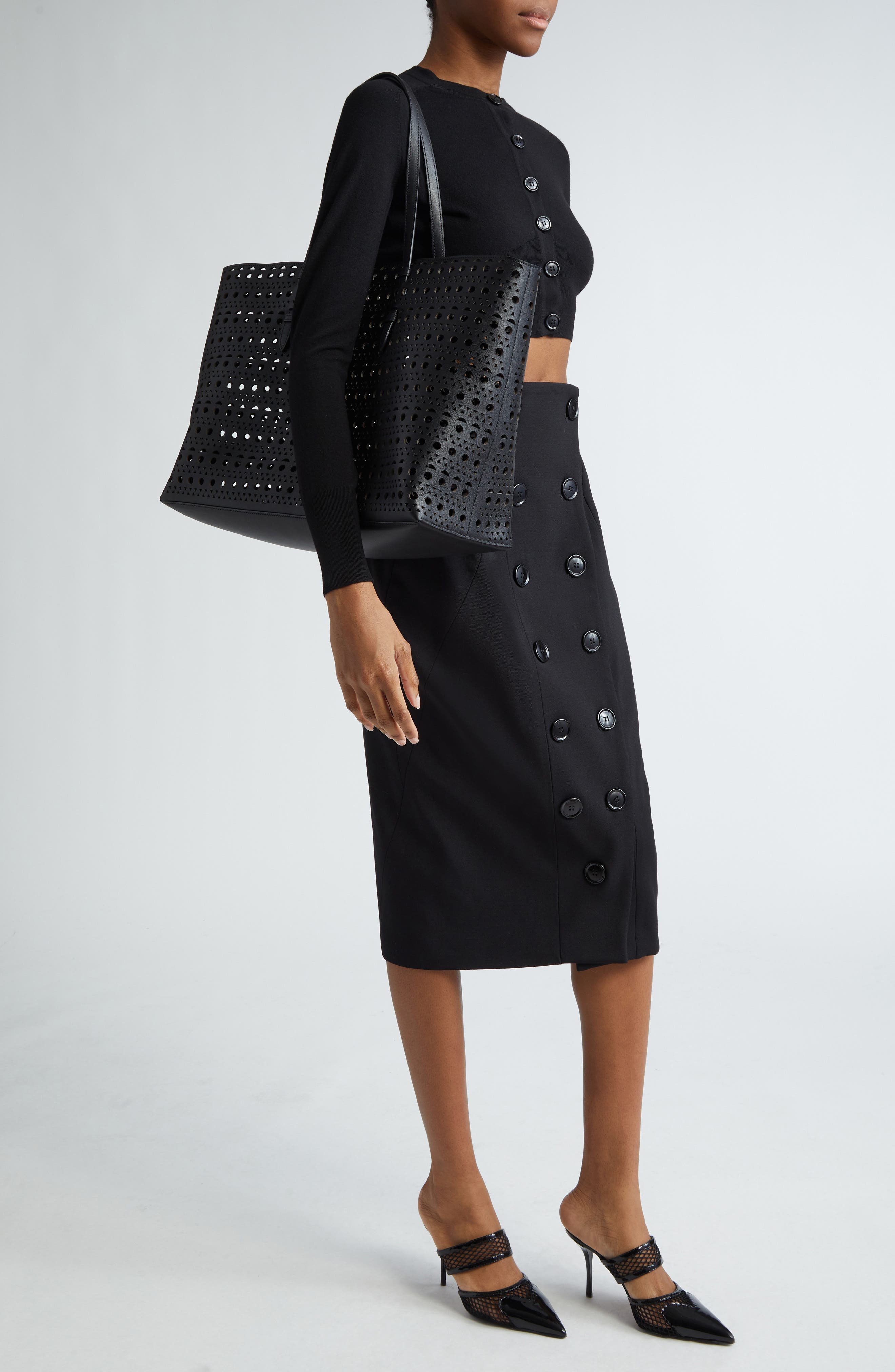 Alaïa Mina 44 Perforated Leather Tote, Alternate, color, 