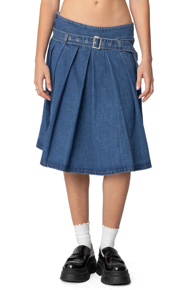 EDIKTED Belted Pleated Denim Midi Skirt, Main, color, Blue