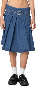 EDIKTED Belted Pleated Denim Midi Skirt
