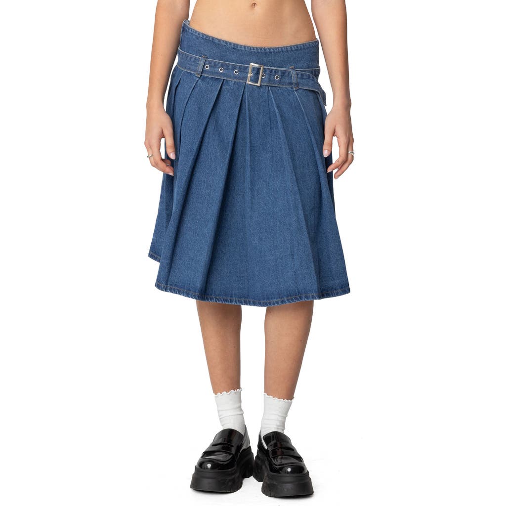 Shop Edikted Belted Pleated Denim Midi Skirt In Blue
