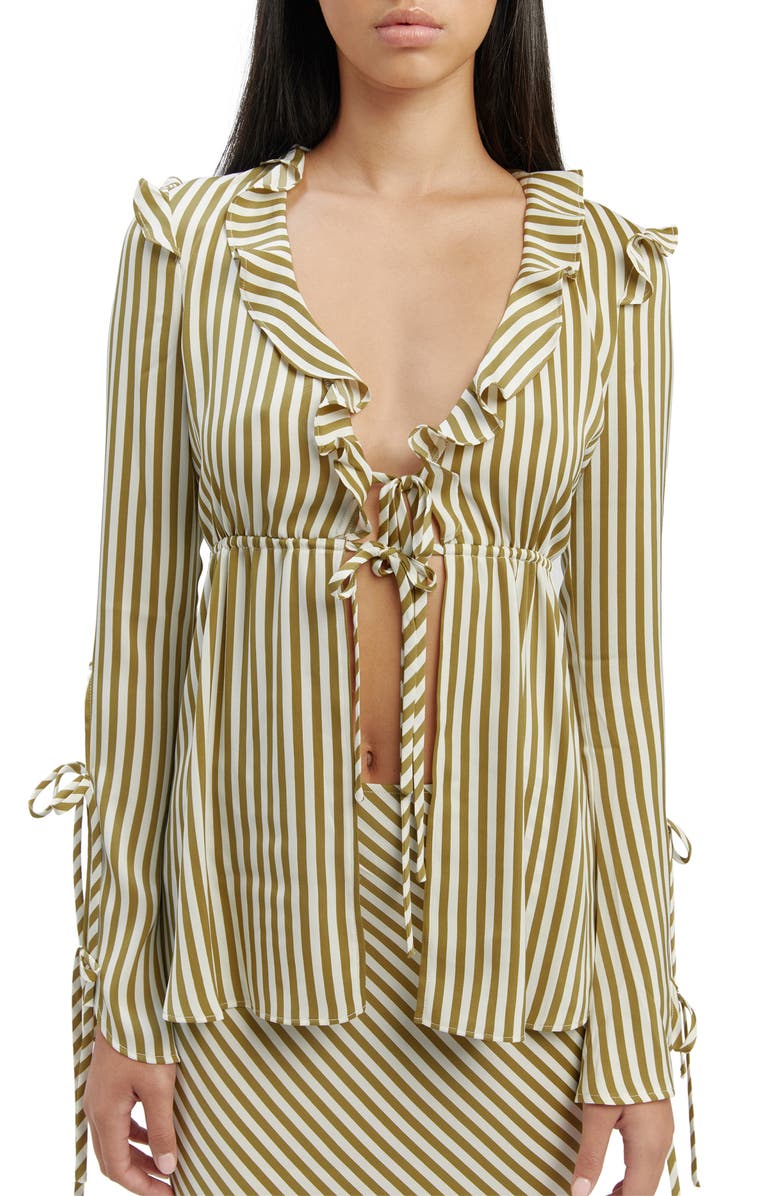 Bardot Dhalia Stripe Frill Tie Front Top, Alternate, color, Green Stripe