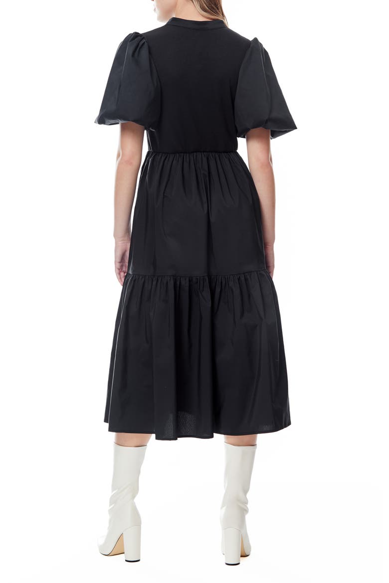 Aries Puff Sleeve Mixed Media Midi Dress, Alternate, color, BLACK