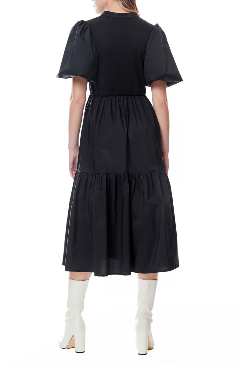 BY DESIGN Aries Puff Sleeve Mixed Media Midi Dress, Alternate, color, Black