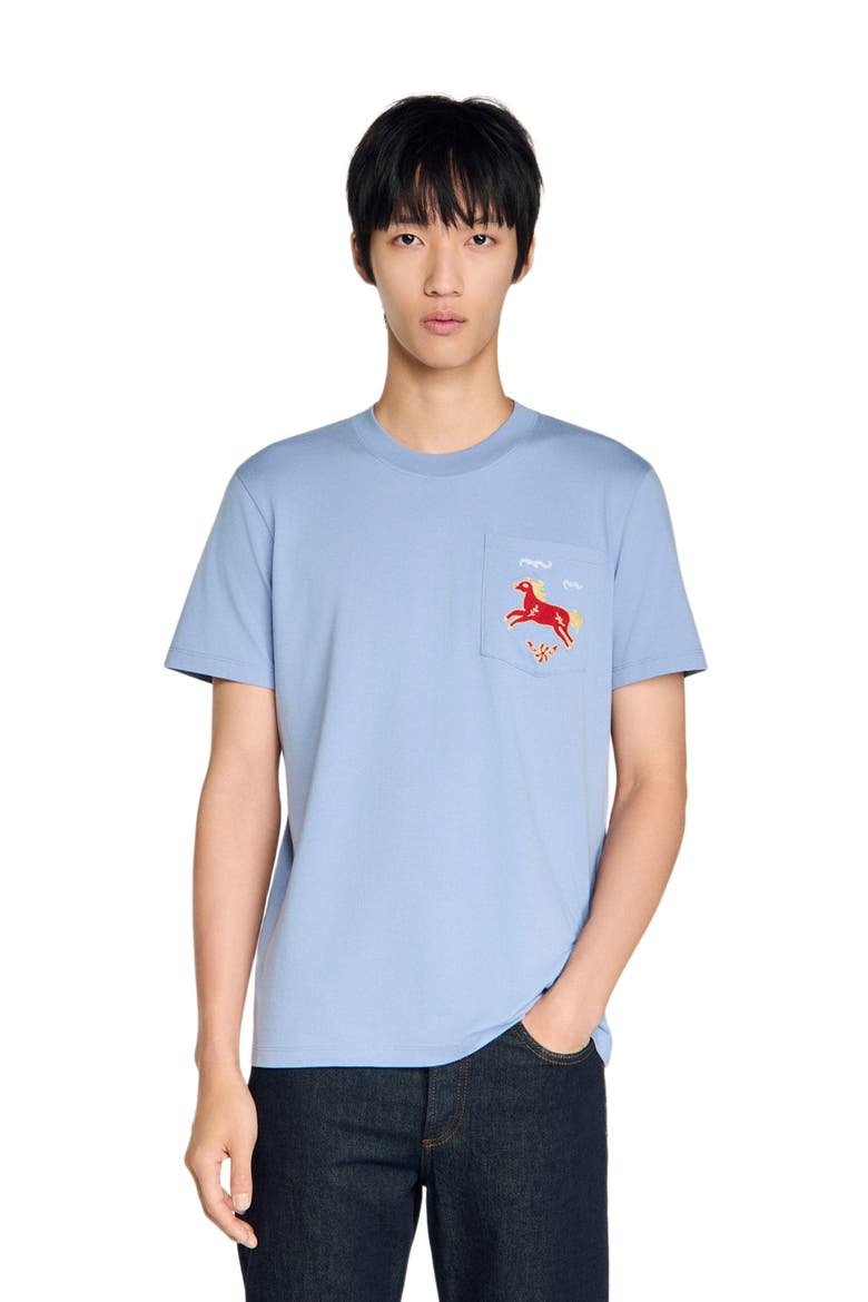 Embroidered horse cotton T-shirt, Alternate, color, Sky blue