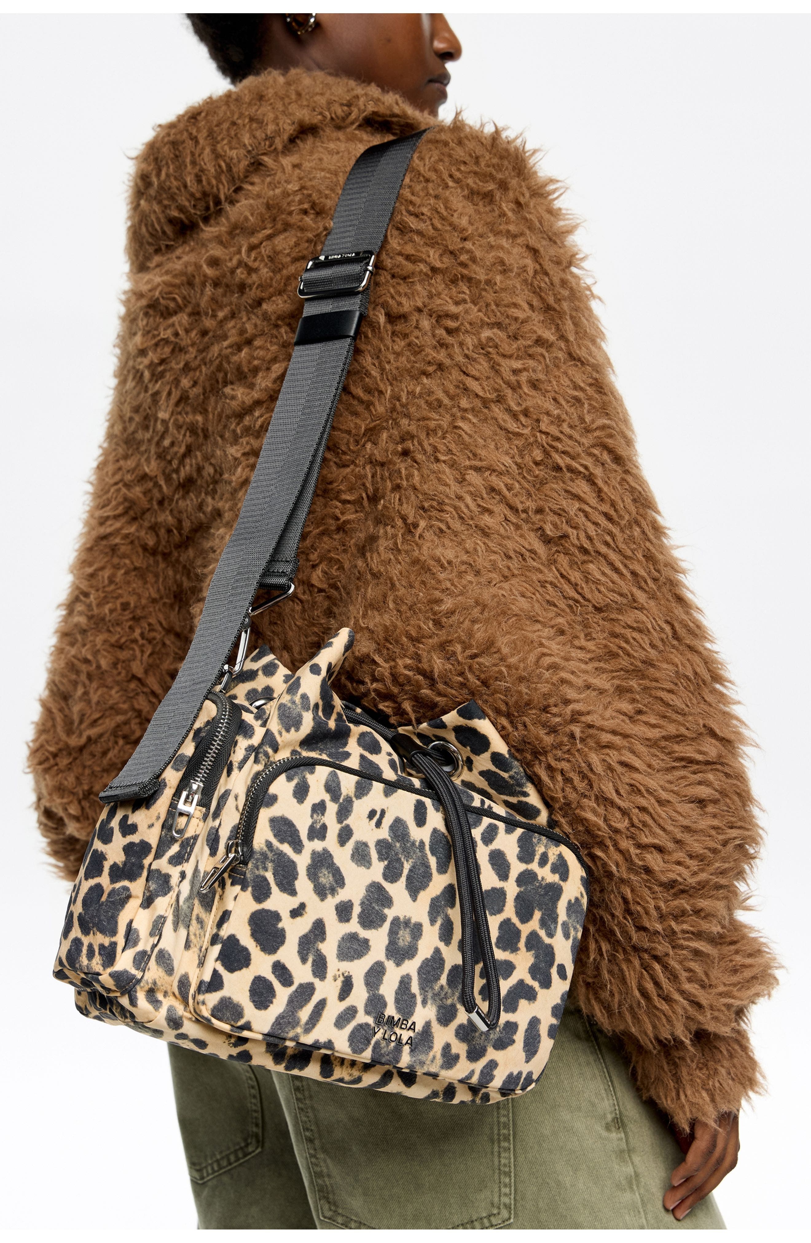 Bimba y Lola Leopard Nylon Pocket Bucket Bag, Alternate, color, Leopard Natural