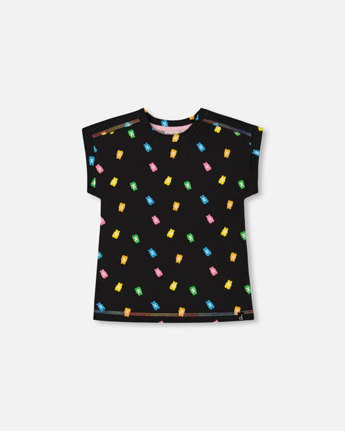 DEUX PAR DEUX DEUX PAR DEUX GIRL'S ROLLED SLEEVE TEE WITH PRINT BLACK AND MULTICOLORED GUMMIES 
