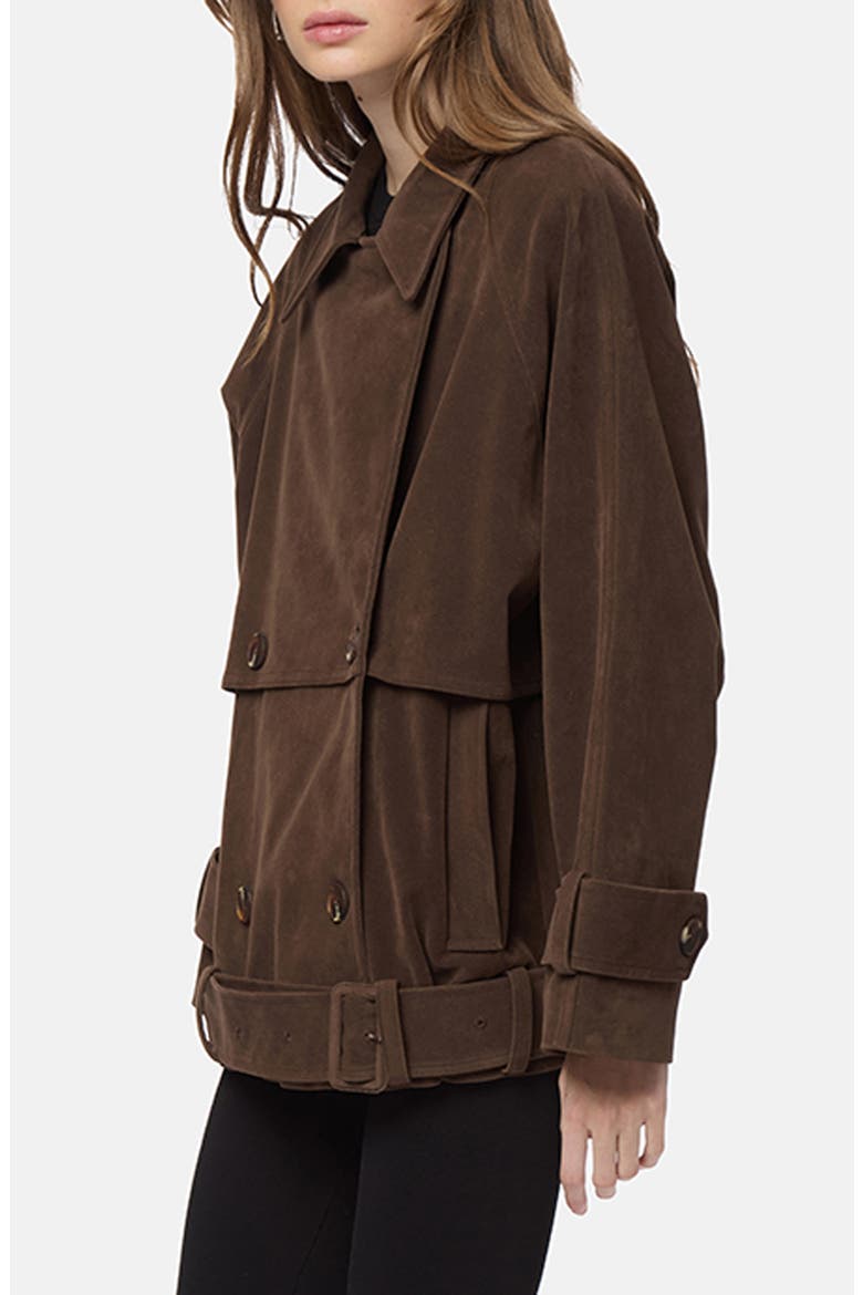 Gaia Faux Suede Short Trench Coat, Alternate, color, DARK BROWN