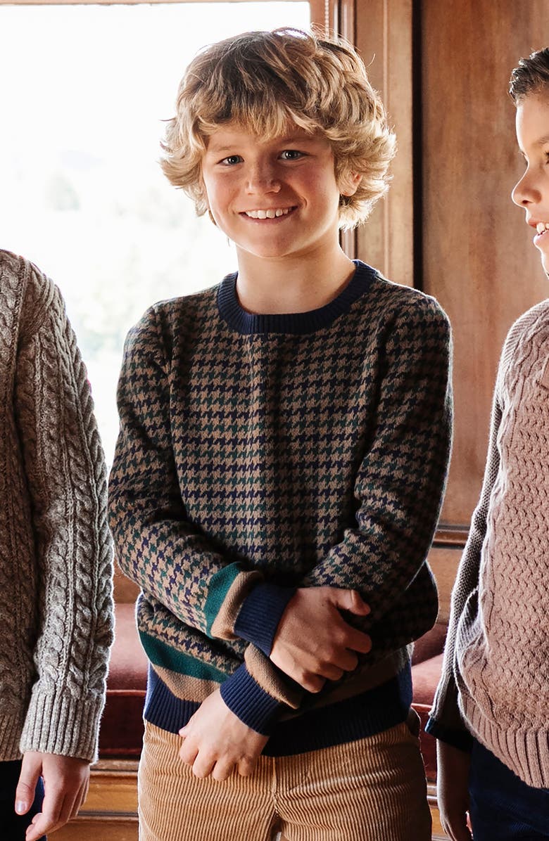 Hope & Henry Kids' Organic Long Sleeve Intarsia Crew Neck Pullover Sweater, Alternate, color, Navy Houndstooth