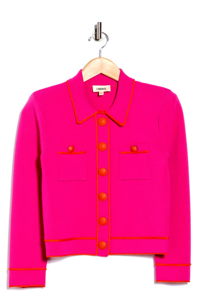 L'AGENCE Neon Trim Cropped Cardigan, Alternate, color, Pink/ Orange