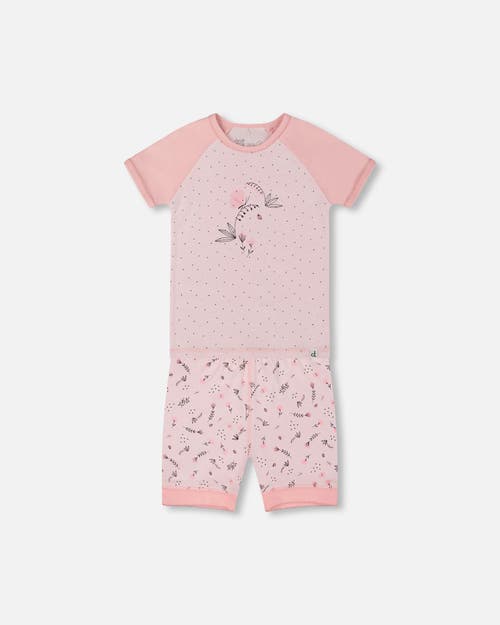 Deux Par Deux Girl's Organic Cotton Two-piece Short Pajama Set Small Pink Flowers On Pale Pink Backg In Pink Flowers On Pale Pink