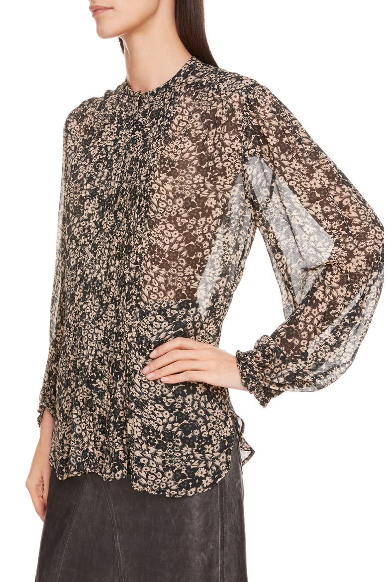 Nastia Floral Print Pleated Blouse, Alternate, color, BLACK
