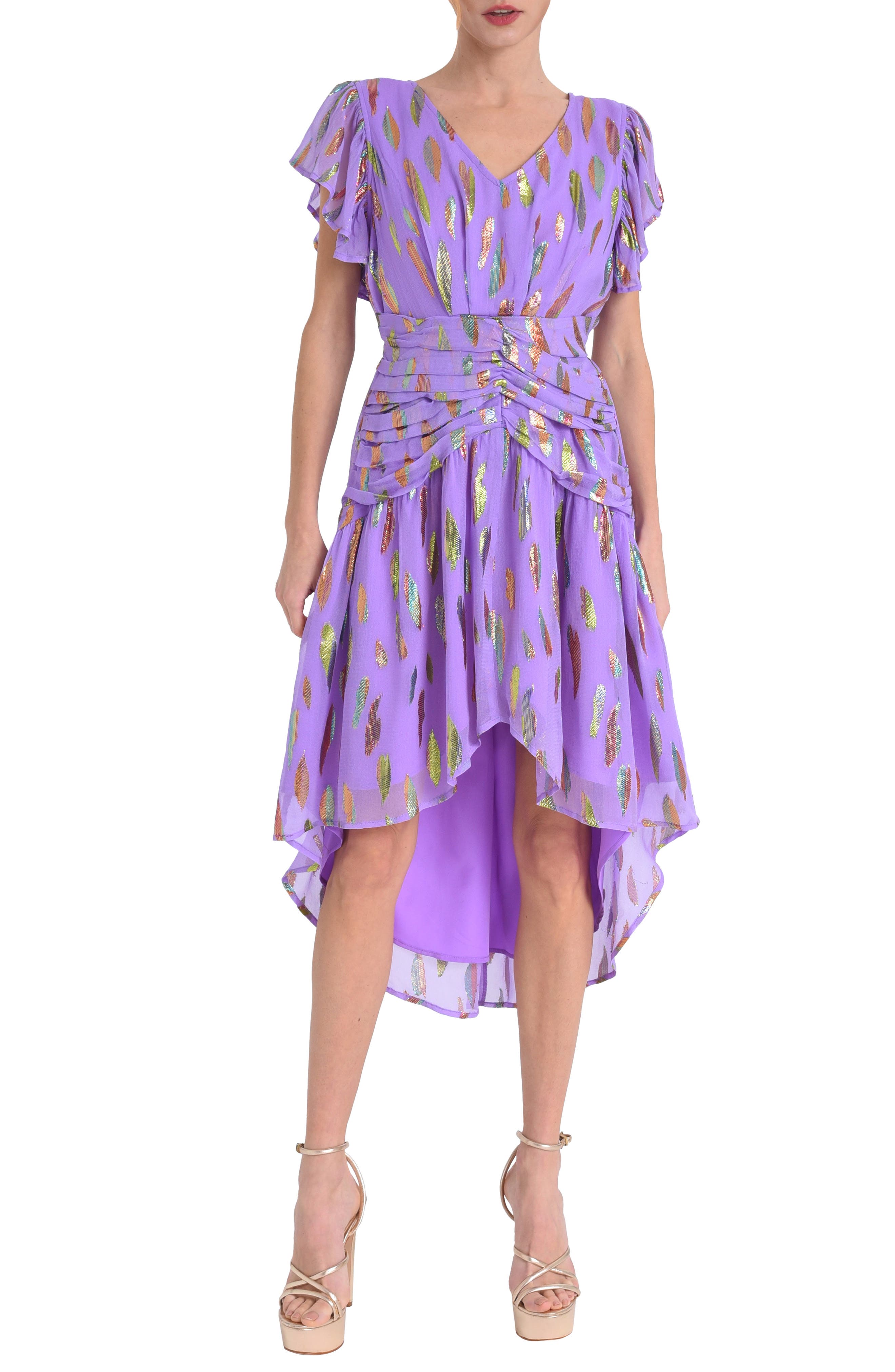 Palmina Metallic Leaf Print High-Low Dress