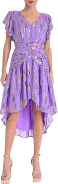 CIEBON Palmina Metallic Leaf Print High-Low Dress