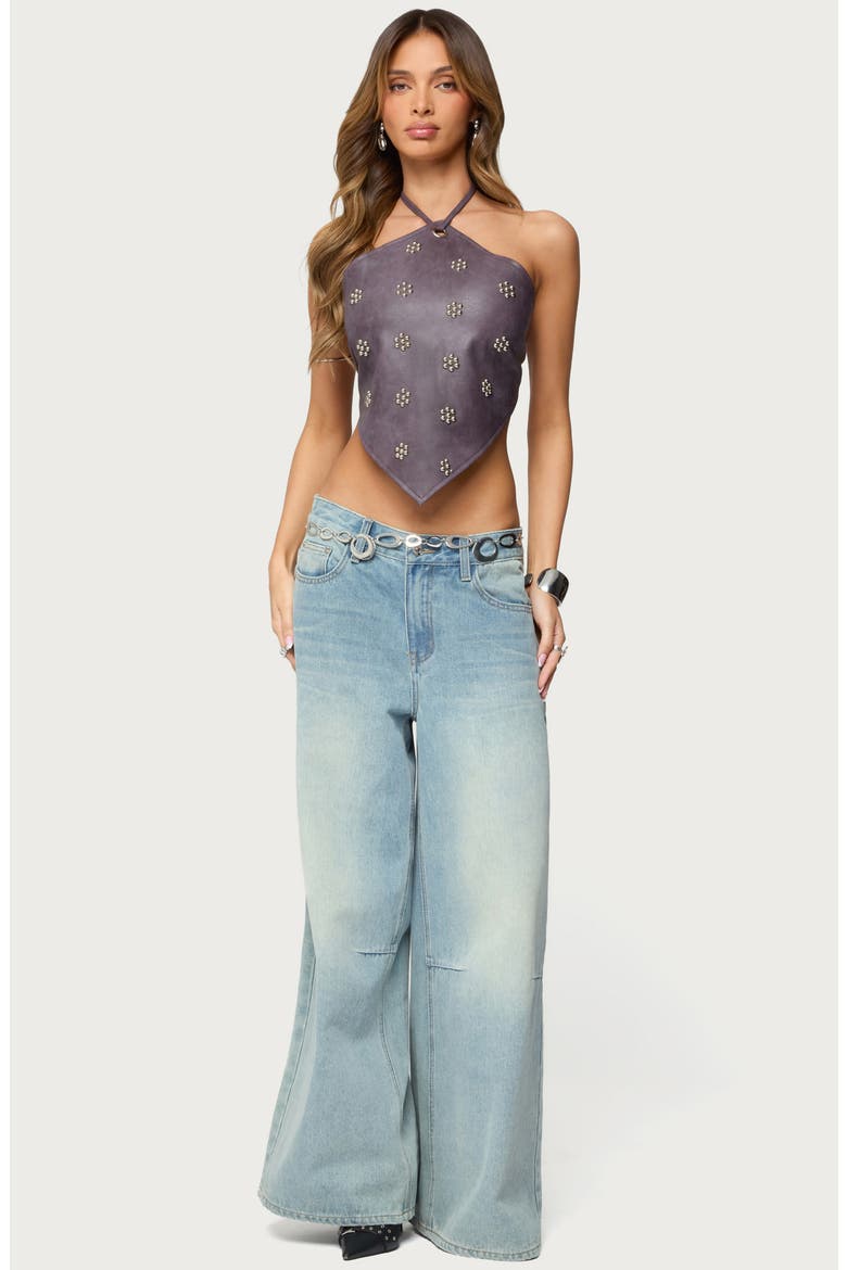 Shila Studded Faux Leather Halter Top, Alternate, color, PURPLE