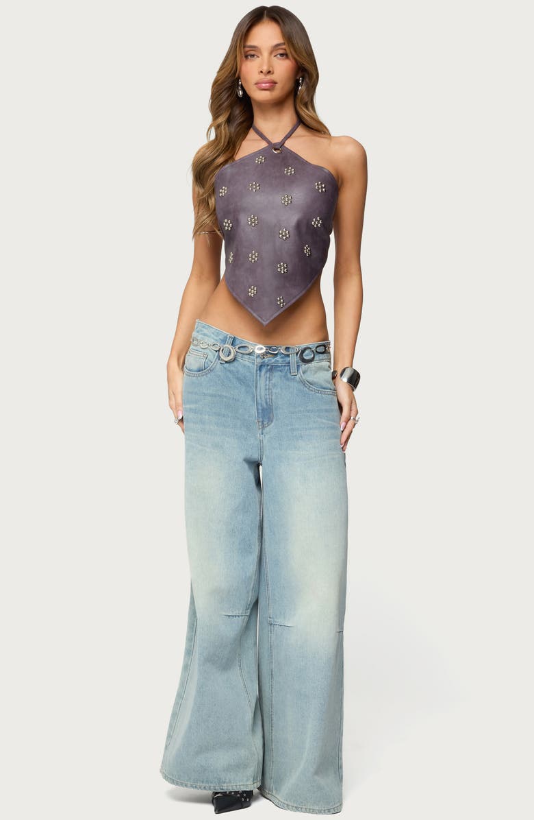 EDIKTED Shila Studded Faux Leather Halter Top, Alternate, color, 