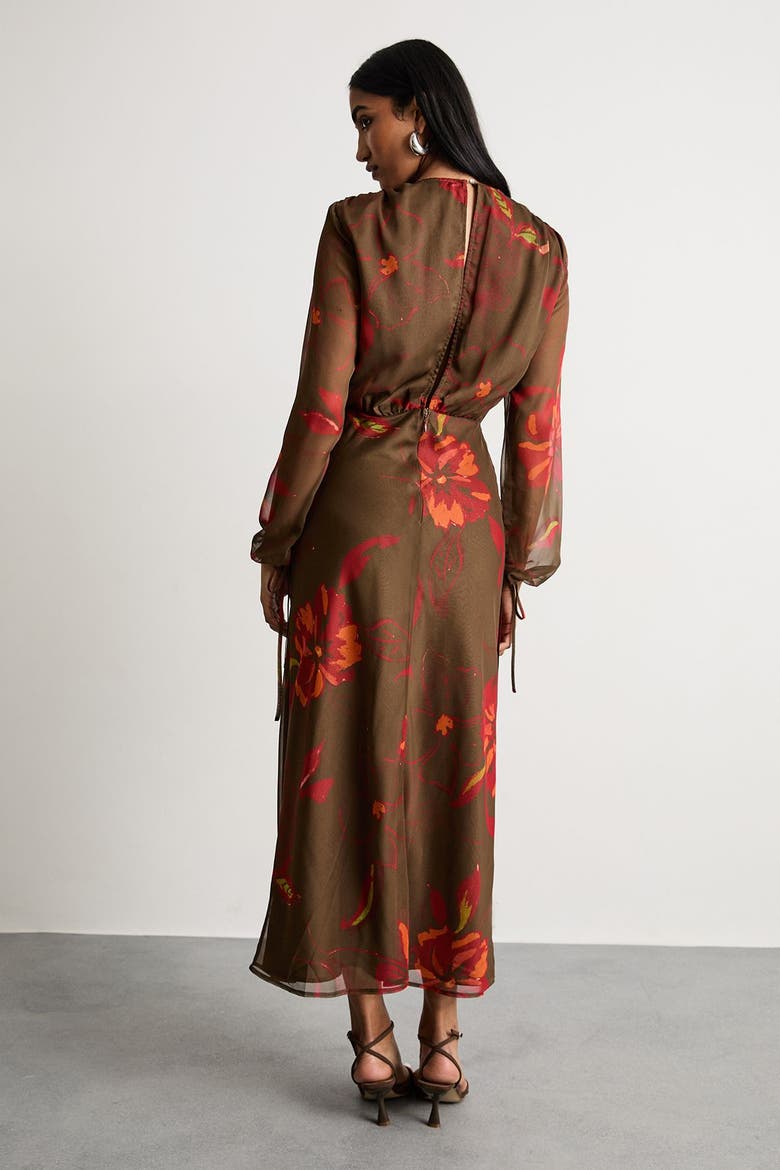 Printed V Neck Tie Detail Midi Dress, Alternate, color, Brown