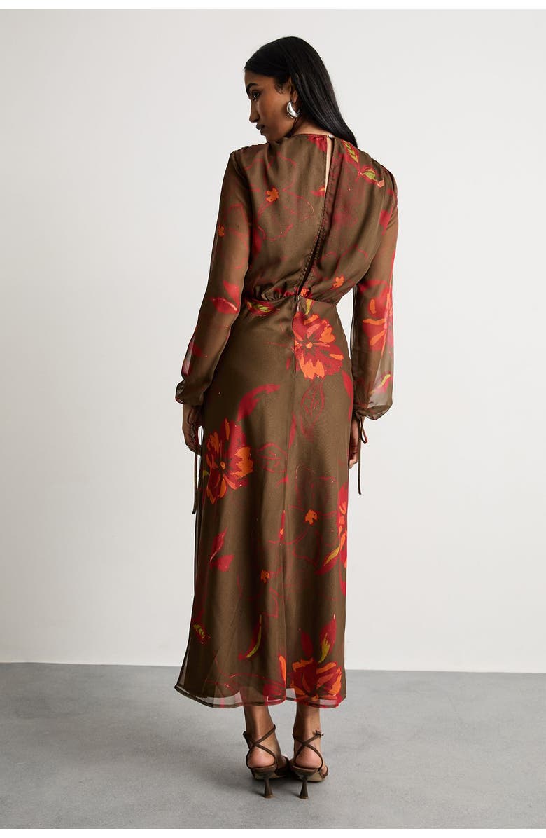 Warehouse Printed V Neck Tie Detail Midi Dress, Alternate, color, Brown