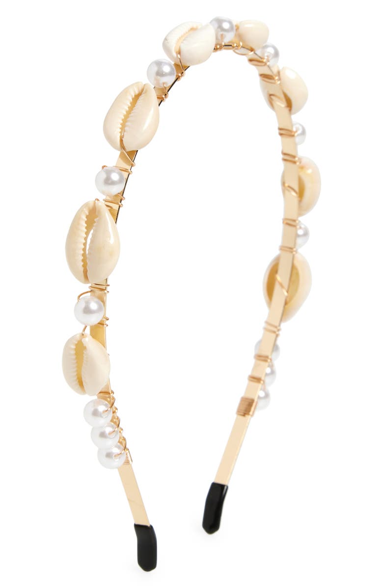 Tasha Cowrie Shell & Faux Pearl Headband, Main, color, Gold/ Ivory