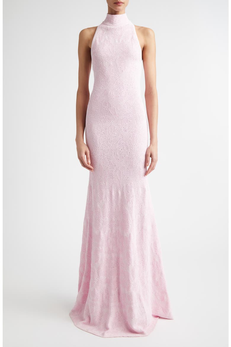 Floral Jacquard Turtleneck Trumpet Gown, Main, color, PEONY / LIGHT PINK MULTI