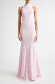 ST. JOHN Floral Jacquard Turtleneck Trumpet Gown