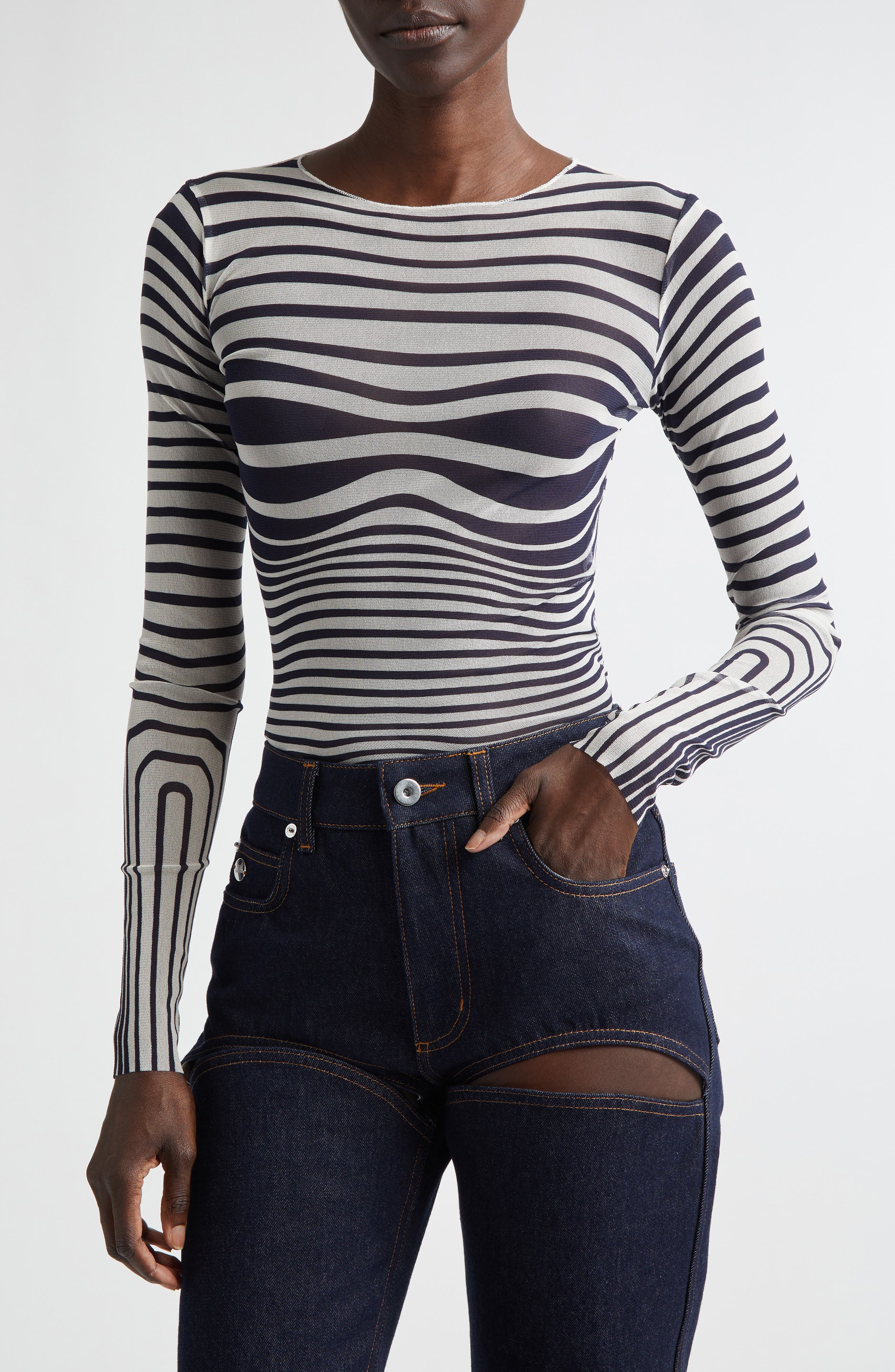 Re-Edition Body Morphing Trompe l'Oeil Long Sleeve Mesh Top (Women
