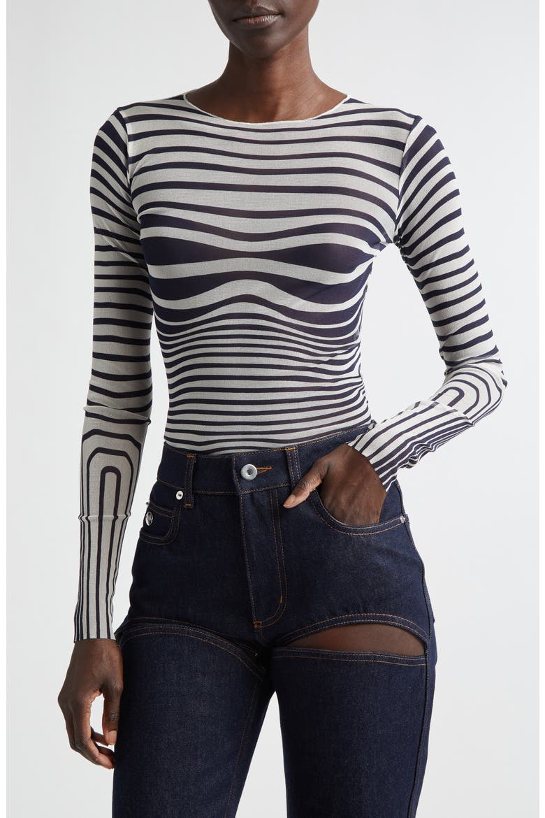 Re-Edition Body Morphing Trompe l'Oeil Long Sleeve Mesh Top, Main, color, ECRU/ NAVY