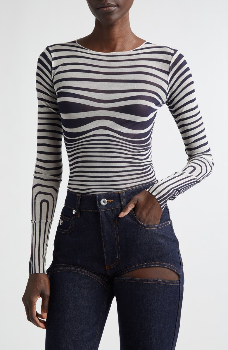 Jean Paul Gaultier Re-Edition Body Morphing Trompe l'Oeil Long Sleeve Mesh Top, Main, color, Ecru/ Navy