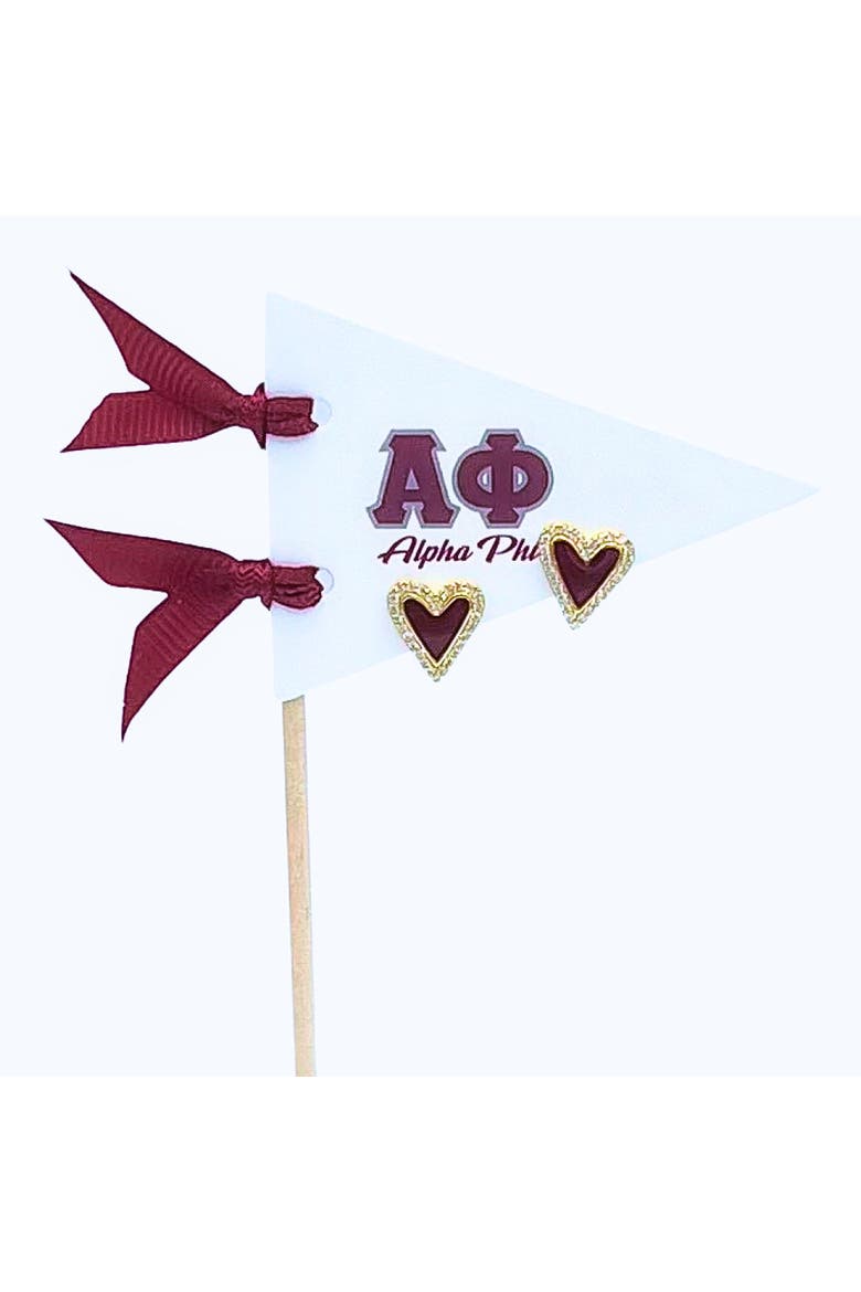 Alpha Phi Heart Stud Enamel Earrings on Sorority Pennant Flag, Main, color, Yellow Gold