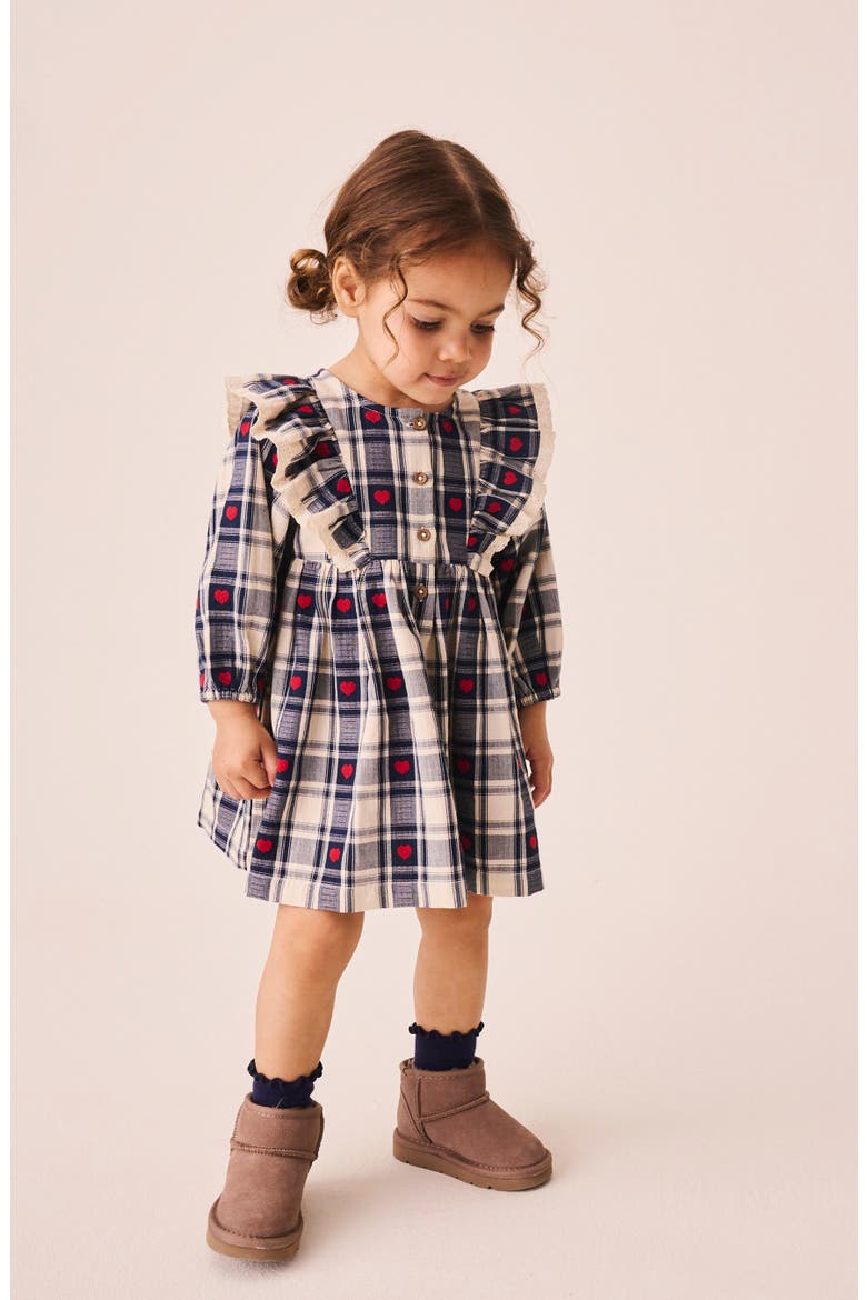 Kids' Embroidered Heart Check Frill Dress, Alternate, color, BLUE