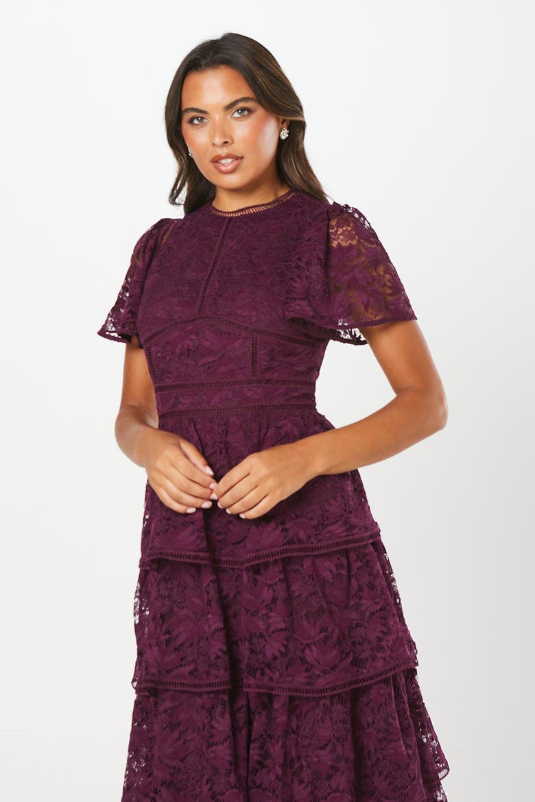 Flutter Sleeve Tiered Lace Dress, Alternate, color, Plum