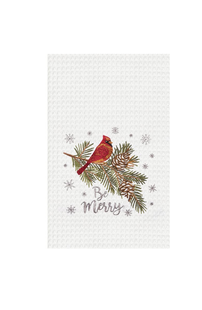 C&F Home Be Merry Cardinal Embroidered Waffle Weave Kitchen Towel, Alternate, color, White
