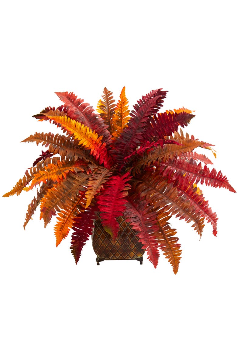 NEARLY NATURAL Autumn Boston Fern Artificial Plant in Metal Planter, Main, color, Red/Orange