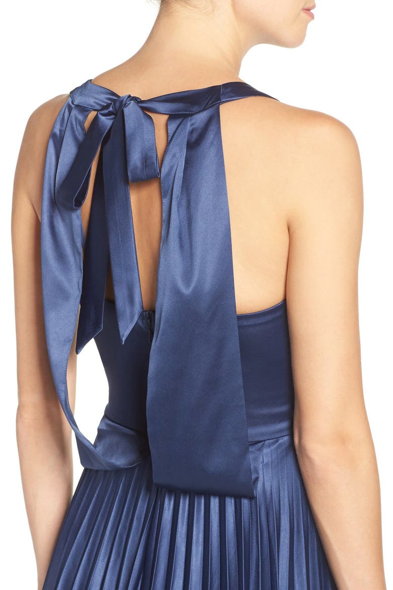 Bow Back Pleat Satin Gown, Alternate, color, NAVY