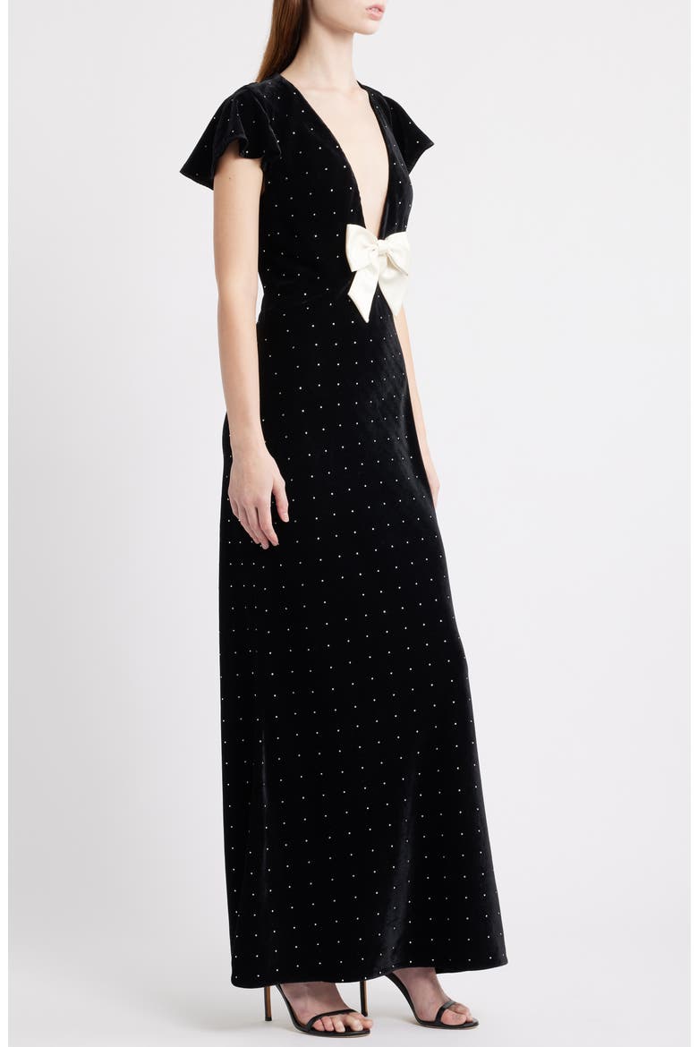 Melora Rhinestone Bow Velvet Maxi Dress, Alternate, color, BLACK