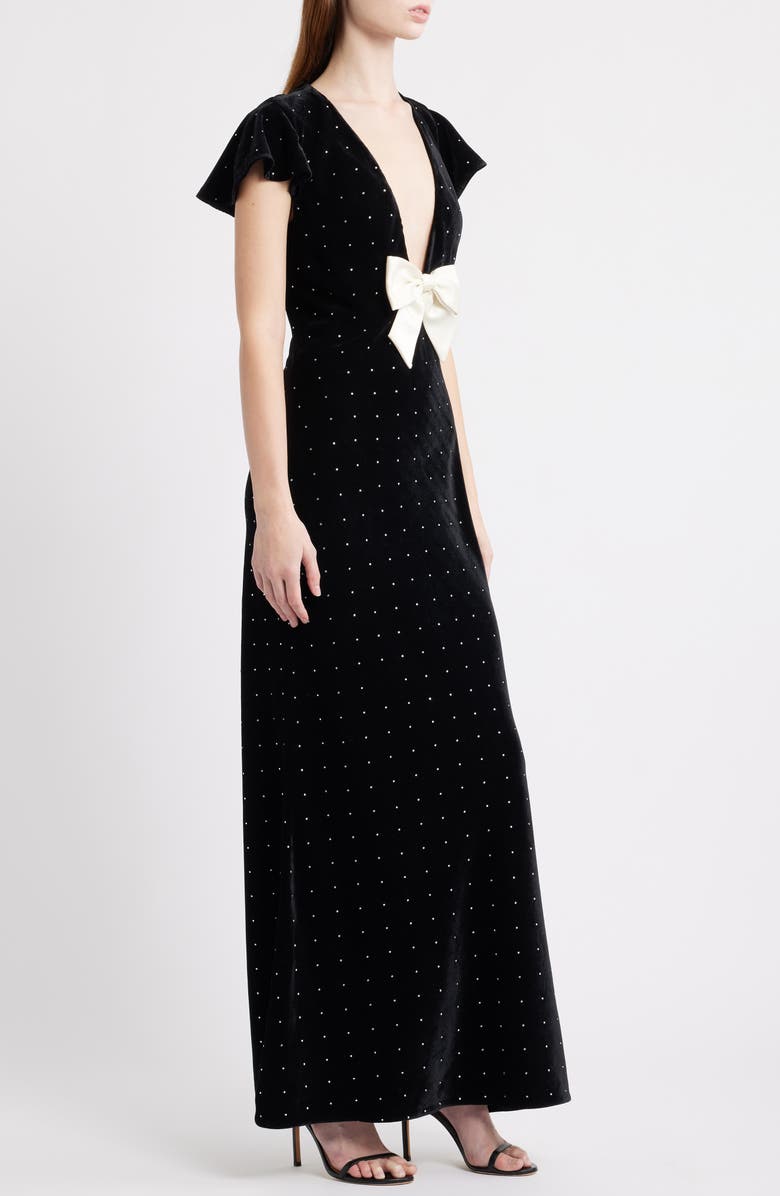 LoveShackFancy Melora Rhinestone Bow Velvet Maxi Dress, Alternate, color, Black