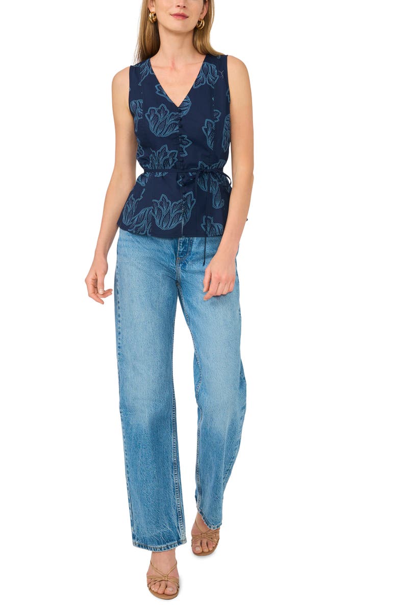 Vince Camuto Floral V-Neck Button-Down Tank, Alternate, color, Peacoat