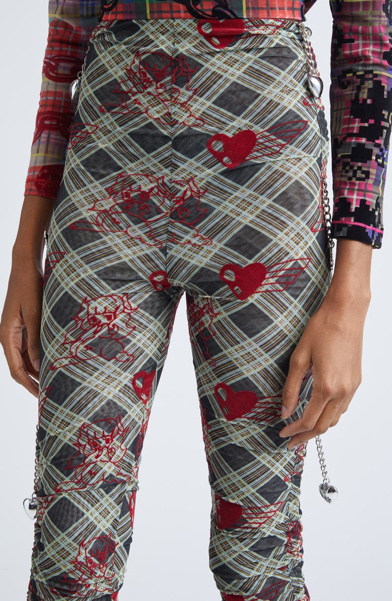 Chopova Lowena Sonicscape Plaid Flocked Mesh Leggings, Alternate, color, Grey/ Red Multi
