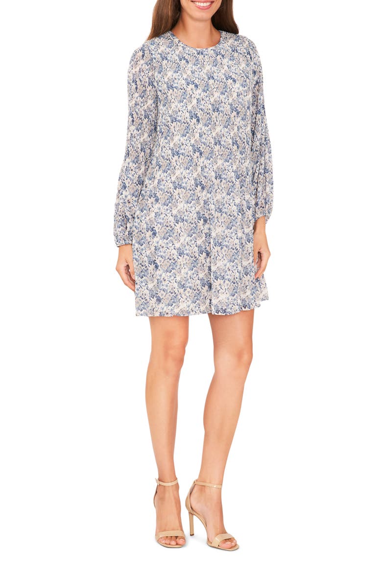 Plissé Long Sleeve Dress, Main, color, SHADOW BLUE