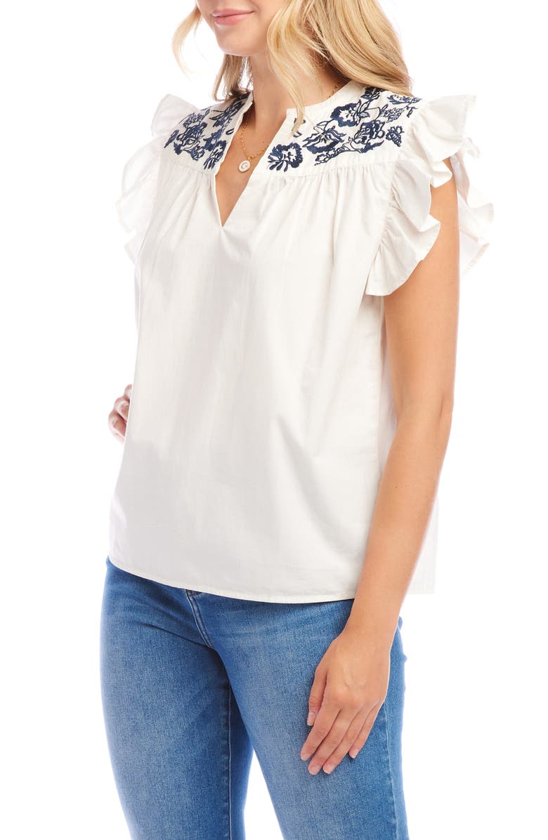Karen Kane Embroidered Ruffle Sleeve Top, Alternate, color, Off White/ Navy