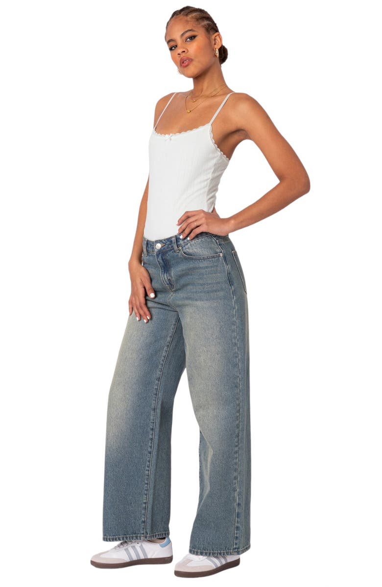 EDIKTED Krysten Pointelle Lace Trim Bodysuit, Alternate, color, White