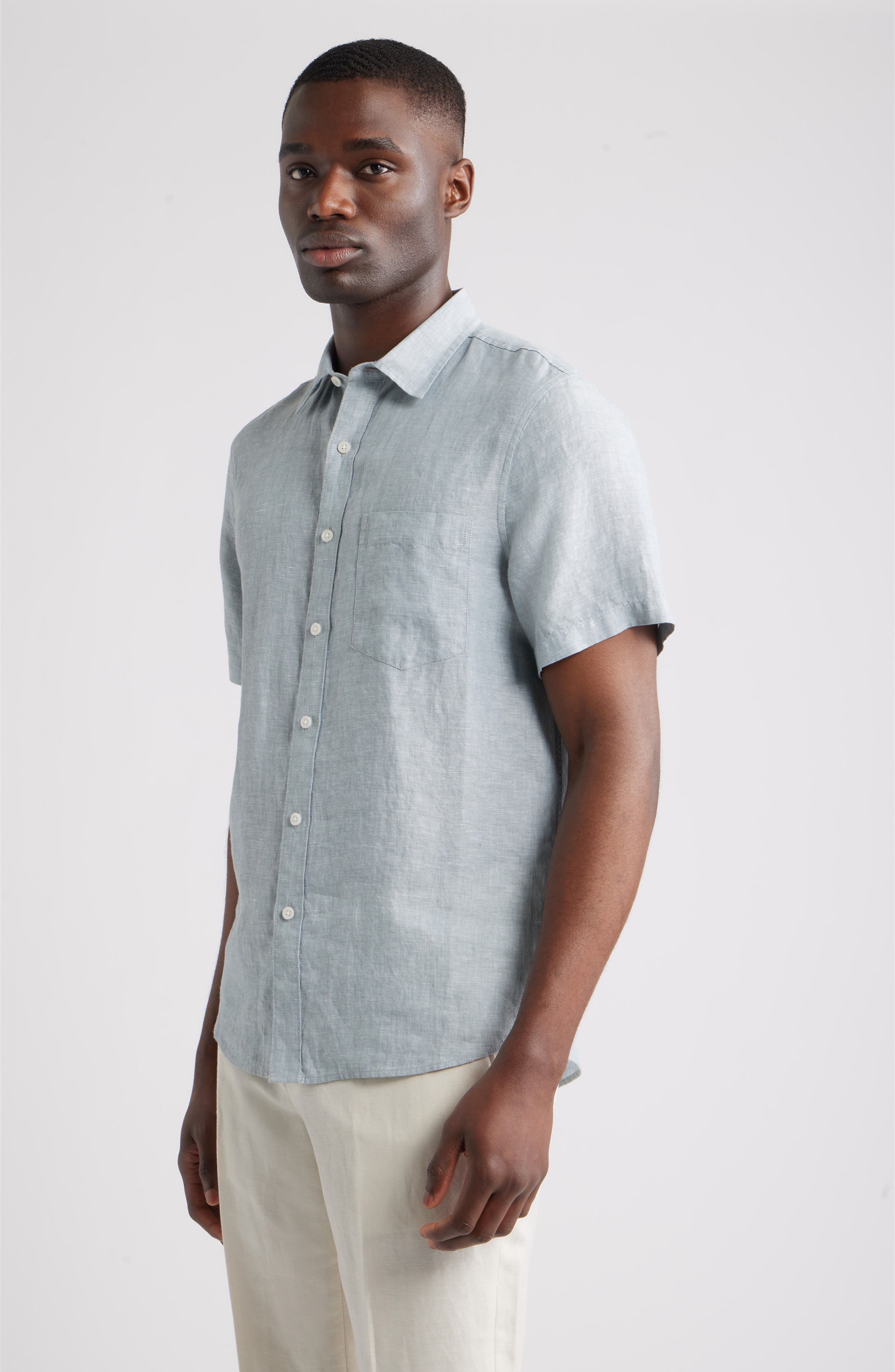 Мужские Nordstrom Solid Short Sleeve Linen Button-Up Shirt — фото 5