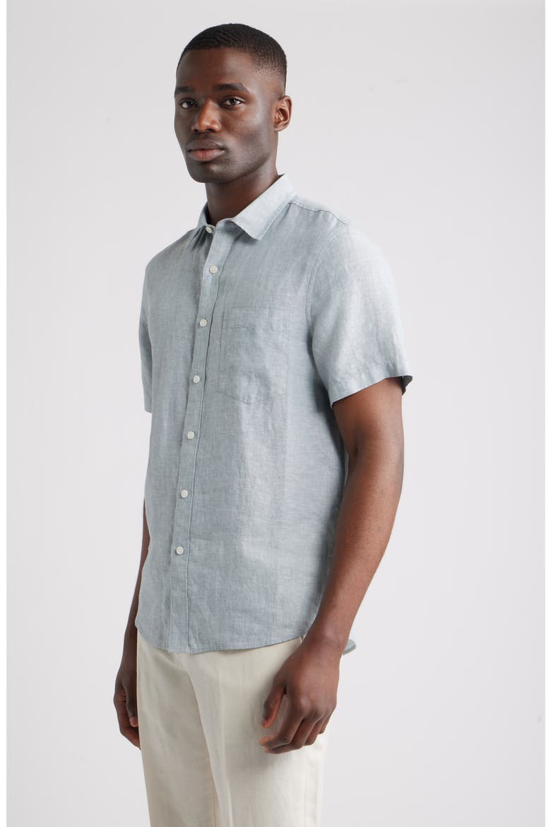 Solid Short Sleeve Linen Button-Up Shirt, Alternate, color, BLUE SPRUCE - WHITE EOE
